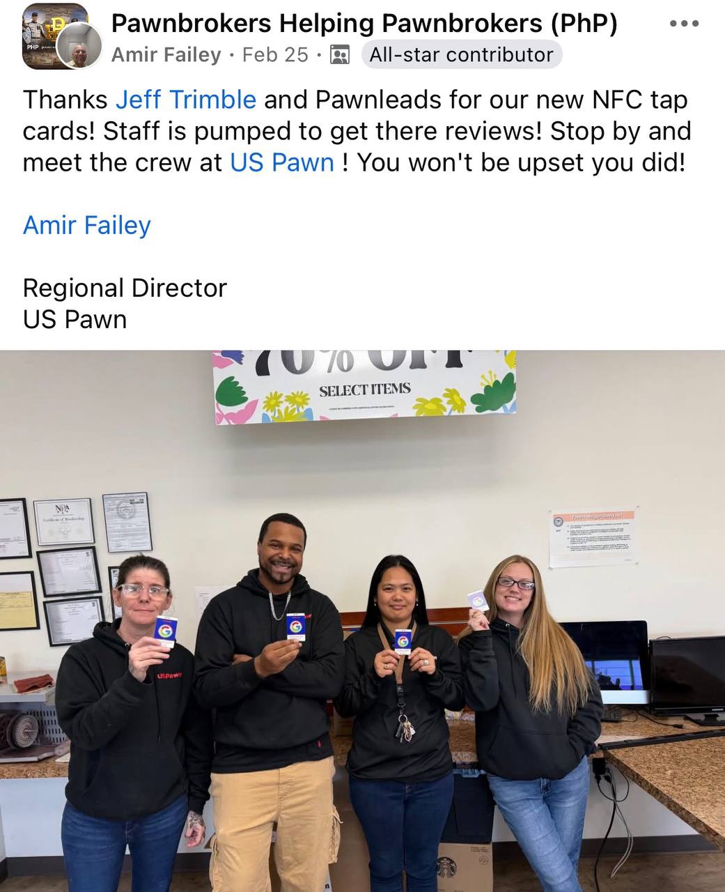 Amir Failey, US Pawn: new NFC tap cards, staff pumped