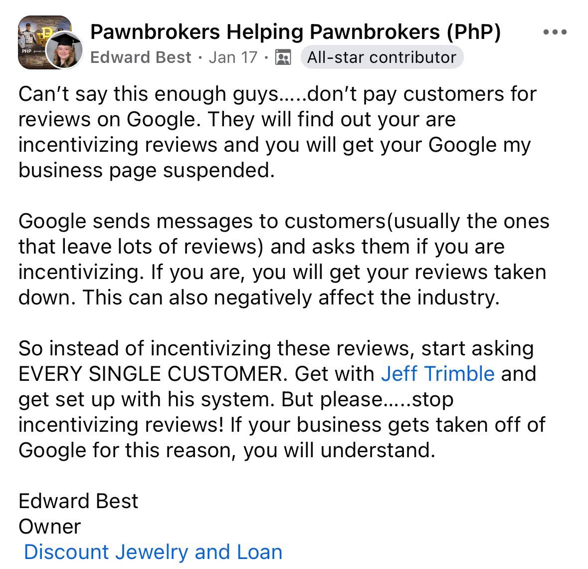 Edward Best: stop incentivizing reviews, use Jeff's system
