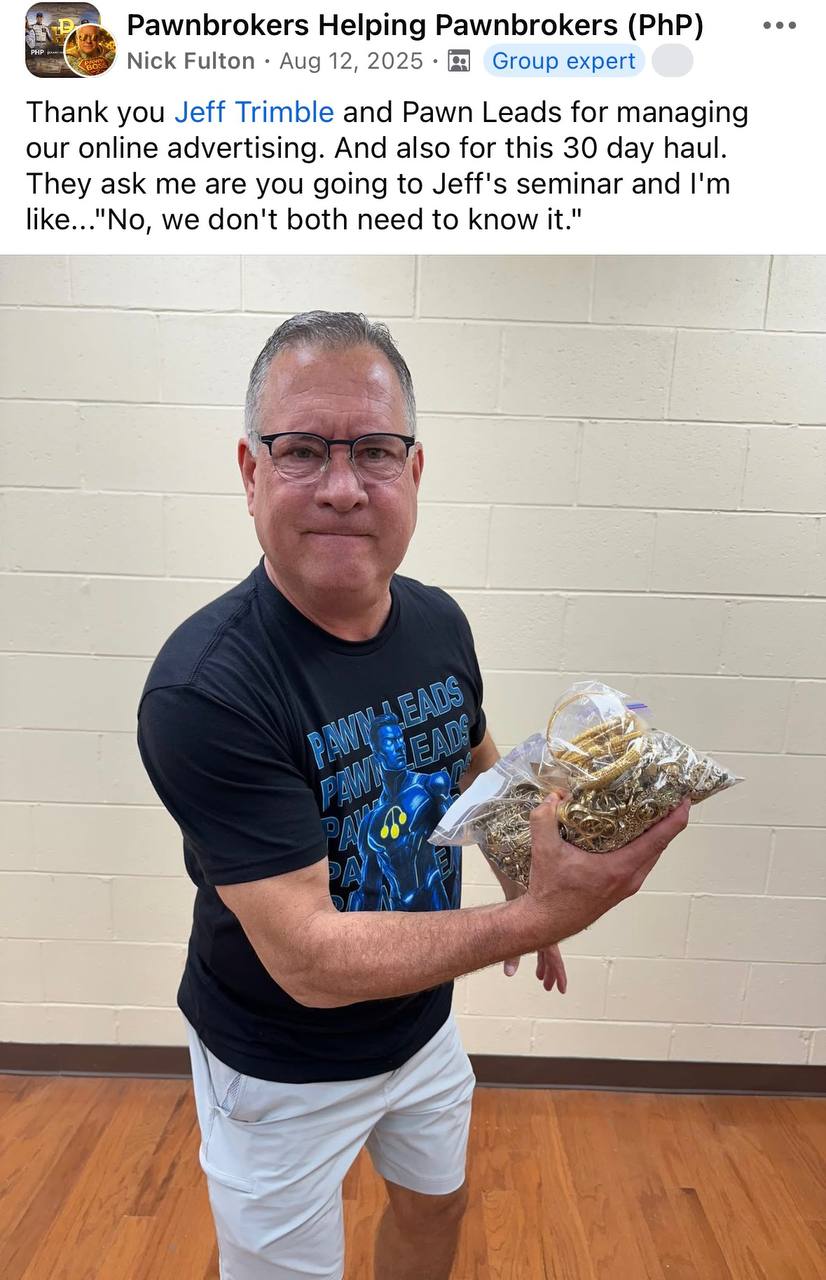 Nick Fulton holding a 30-day gold haul in a Pawn Leads shirt